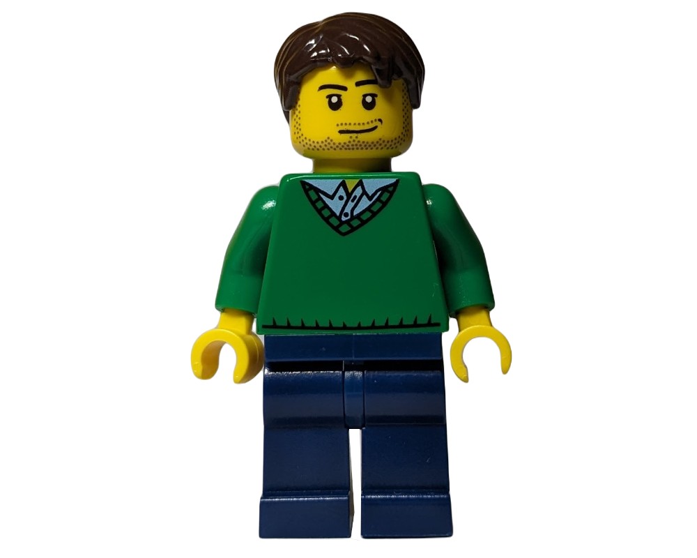 LEGO Set fig-009552 Man, Green V-Neck Sweater, Dark Blue Legs, Dark ...