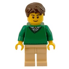 Man, Green V-Neck Sweater, Tan Legs, Dark Brown Hair (fig-009554)