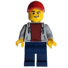 Man, Open Light Bluish Gray Hoodie over Dark Red Shirt, Dark Blue Legs, Red Cap (fig-009563)