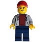 Man, Open Light Bluish Gray Hoodie over Dark Red Shirt, Dark Blue Legs, Red Cap