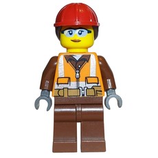 Construction Worker, Woman, Orange Safety Vest with Zipper over Reddish Brown Shirt, Reddish Brown Legs, Red Hard Hat with Hair, Safety Glasses (fig-009565)