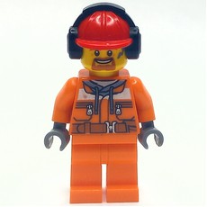 Construction Worker, Safety Jacket over Hoodie with Belt, Orange Legs, Red Hard Hat with Ear Defenders, Goatee Beard (fig-009566)
