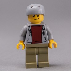 Man, Open Light Bluish Gray Hoodie over Dark Red Shirt, Olive Green Legs, Light Bluish Gray Helmet (fig-009573)