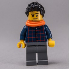 Man, Dark Blue Plaid Shirt, Dark Bluish Gray Legs, Black Hair, Orange Scarf, Stubble (fig-009575)
