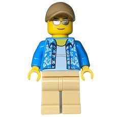 Man, Open Dark Azure Hawaiian Shirt, Tan Legs, Dark Tan Cap, Silver Sunglasses (fig-009576)