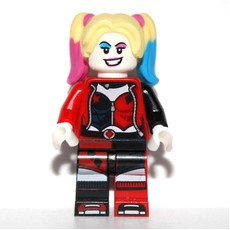 Harley Quinn in Black and Red Jester Outfit, Bright Light Yellow Hair with Magenta and Azure Highlights (fig-009579)