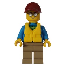 Man, Open Dark Azure Hoodie over Lime Shirt, Dark Tan Legs, Dark Red Cap, Yellow Life Vest, Silver Sunglasses (fig-009586)