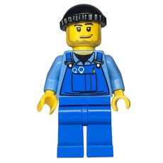 Man, Blue Overalls over Shirt, Blue Legs, Black Hat, Stubble (fig-009595)