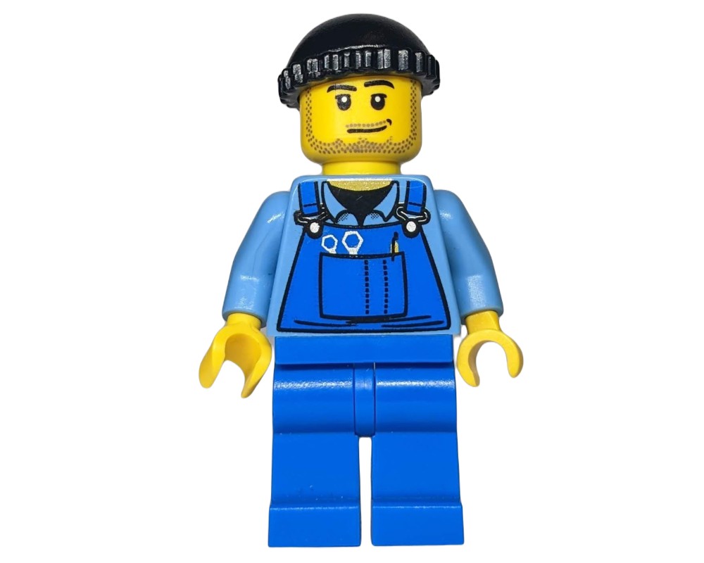 LEGO Set fig-009595 Man, Blue Overalls over Shirt, Blue Legs, Black Hat ...