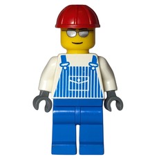 Man, Blue and White Striped Overalls, Red Hard Hat, Silver Sunglasses (fig-009596)