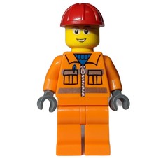 Construction Worker, Orange Jacket with Zipper and Reflective Stripes, Red Hard Hat, Glasses (fig-009598)