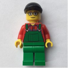 Man, Green Overalls over Red Shirt, Black Cap, Glasses (fig-009599)