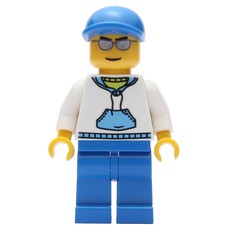Man, White and Blue Hoodie, Blue Legs, Blue Cap, Silver Sunglasses (fig-009604)