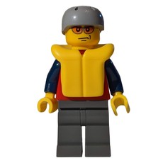 Man, Red Top with Dark Blue Arms, Dark Bluish Gray Legs, Light Bluish Gray Helmet, Yellow Life Vest, Orange Sunglasses (fig-009611)