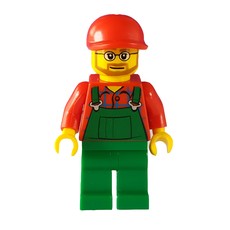 Man, Green Overalls over Red Shirt, Red Cap, Beard and Glasses (fig-009613)