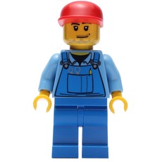 Man, Blue Overalls over Shirt, Blue Legs, Red Cap, Stubble (fig-009614)