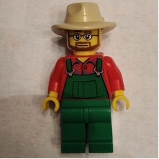 Man, Green Overalls over Red Shirt, Tan Wide Brim Hat, Beard and Glasses (fig-009615)
