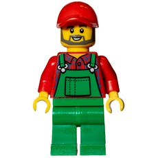Man, Green Overalls over Red Shirt, Red Cap, Beard (fig-009619)