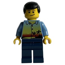 Man, Medium Blue Shirt with Palm Trees and Sunset, Dark Blue Legs, Black Hair (fig-009637)
