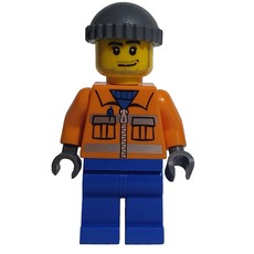 Ground Crew, Orange Jacket with Zipper and Reflective Stripes, Blue Legs, Dark Bluish Gray Hat, Stubble (fig-009639)