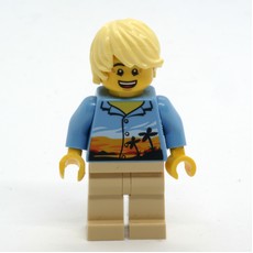 Man, Medium Blue Shirt with Palm Trees and Sunset, Tan Legs, Bright Light Yellow Hair (fig-009654)