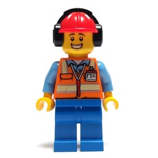Ground Crew, Orange Safety Vest, Blue Legs, Red Hard Hat with Ear Defenders (fig-009662)