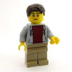 Man, Open Light Bluish Gray Hoodie over Dark Red Shirt, Dark Tan Legs, Dark Brown Hair (fig-009669)