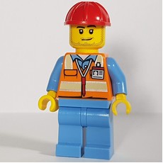 Ground Crew, Orange Safety Vest, Medium Blue Legs, Red Hard Hat, Stubble (fig-009671)