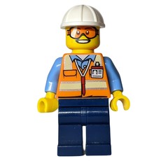 Ground Crew, Orange Safety Vest, Dark Blue Legs, White Hard Hat, Orange Safety Goggles (fig-009695)