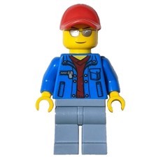 Man, Open Blue Jacket over Dark Red Shirt, Sand Blue Legs, Red Cap, Silver Sunglasses (fig-009701)