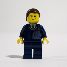 Man, Dark Blue Pinstripe Suit with Gold Tie, Dark Brown Hair, Brown Eyebrows (fig-009702)