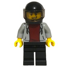 Man, Light Bluish Gray Hoodie over Dark Red Shirt, Black Legs, Black Helmet with Visor (fig-009713)