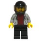 Man, Light Bluish Gray Hoodie over Dark Red Shirt, Black Legs, Black Helmet with Visor