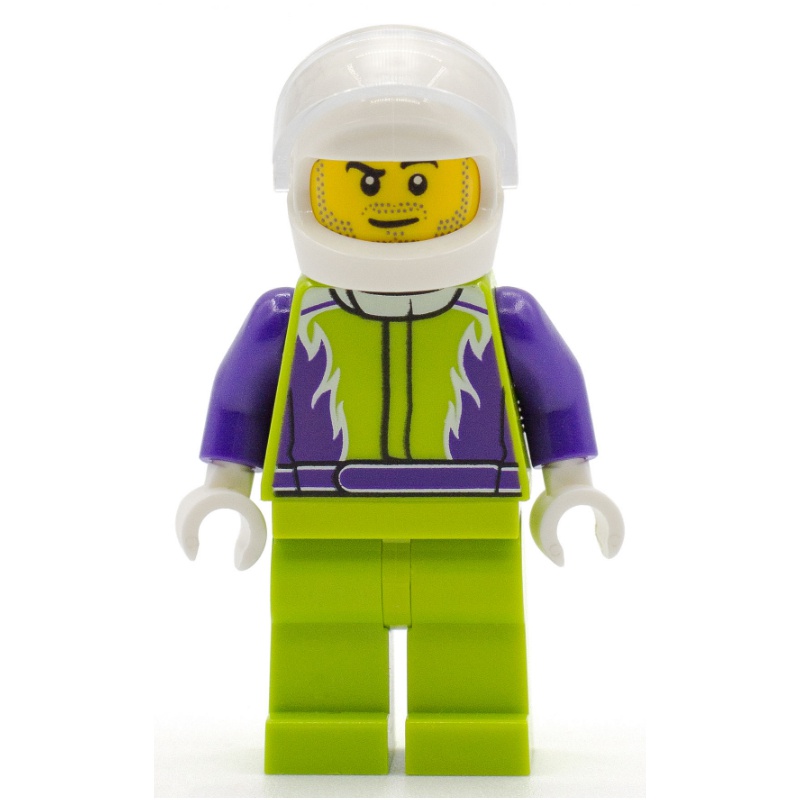 LEGO Set fig-009714 Racer, Lime and Dark Purple Jumpsuit, White 