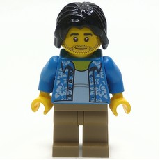Man, Open Dark Azure Hawaiian Shirt, Dark Tan Legs, Black Hair (fig-009723)