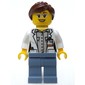 Volcano Explorer Scientist, Woman, Open White Lab Coat, Sand Blue Legs, Reddish Brown Hair, Glasses