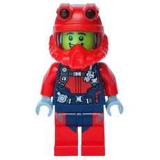 Diver, Man, Red and Dark Blue Wetsuit with Straps and Gauges, Red Diving Helmet, Airtanks (fig-009735)