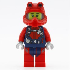 Diver, Woman, Red and Dark Blue Wetsuit with Straps and Gauges, Red Diving Helmet, Airtanks, Open Mouth (fig-009738)