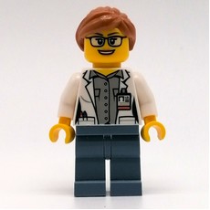 Marine Scientist, Woman, Open White Lab Coat, Sand Blue Legs, Medium Nougat Hair, Glasses (fig-009739)