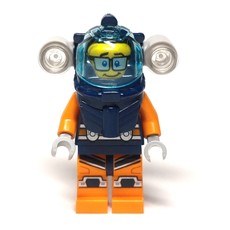 Diver, Man, Dark Blue and Orange Wetsuit, Dark Blue Diving Helmet with Flashlights and Visor, Glasses (fig-009742)