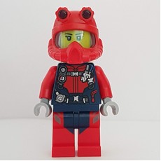 Diver, Woman, Red and Dark Blue Wetsuit with Straps and Gauges, Red Diving Helmet, Airtanks (fig-009763)