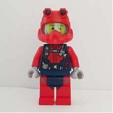Diver, Man, Red and Dark Blue Wetsuit with Straps and Gauges, Red Diving Helmet, Airtanks, Beard (fig-009764)