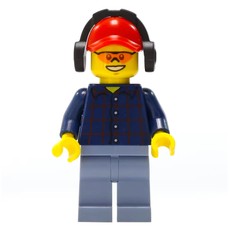 Lumberjack, Dark Blue Plaid Shirt, Sand Blue Legs, Red Cap with Ear Defenders, Orange Safety Glasses (fig-009774)