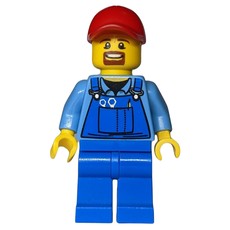 Man, Blue Overalls over Shirt, Blue Legs, Red Cap, Brown Goatee Beard (fig-009775)