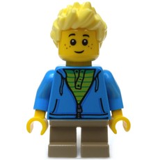 Boy, Open Dark Azure Hoodie with Zipper, Short Dark Tan Legs, Bright Light Yellow Hair (fig-009778)