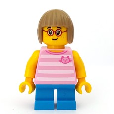 Girl, Bright Pink Striped Top with Cat Head, Short Dark Azure Legs, Dark Tan Hair, Glasses (fig-009784)