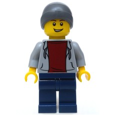 Man, Light Bluish Gray Hoodie over Dark Red Shirt, Dark Blue Legs, Beanie Hat (fig-009790)