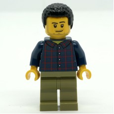 Man, Dark Blue Plaid Shirt, Olive Legs, Black Hair, Stubble (fig-009794)