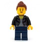 Woman, Open Black Jacket over Black and White Striped Top, Dark Blue Legs, Reddish Brown Hair