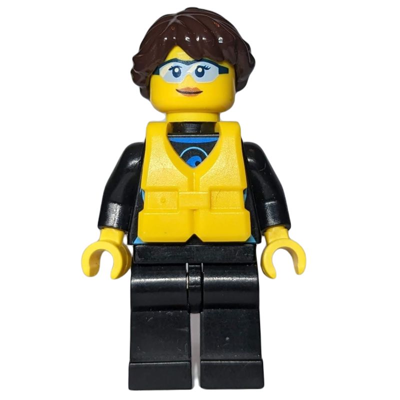 LEGO Set fig-009808 Woman, Vest, Black Hair, LEGO Build Life | Yellow Rebrickable Safety Wetsuit, Brown with - Glasses Dark